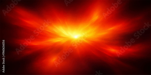 An abstract red background features a bright burst of glowing rays and orange energy, illustrating a hot motion design that shines like a star fire explosion or a sun flame