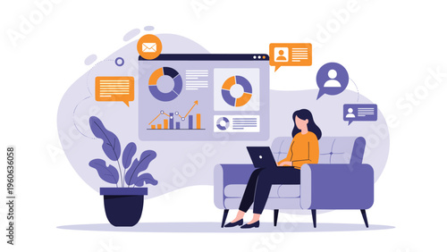 Professional woman sitting on a sofa in a modern room using a laptop to review business analytics and data reports.