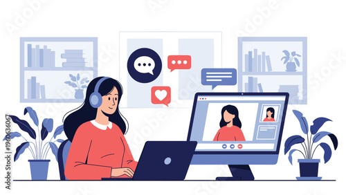 Female student wearing headphones and using a laptop for an interactive online learning session or video call.