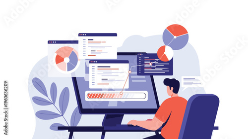 Software developer working on a laptop with complex code and data visualization charts popping out of the screen.
