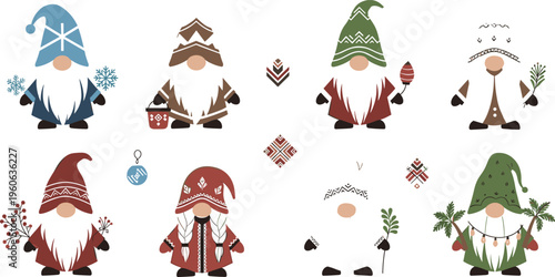 Cute Scandinavian Christmas gnomes collection flat vector illustration nordic holiday characters with beards hats and winter decorative elements set