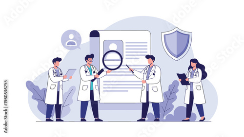 Group of doctors in lab coats reviewing digital patient records and health insurance documents for a medical case.