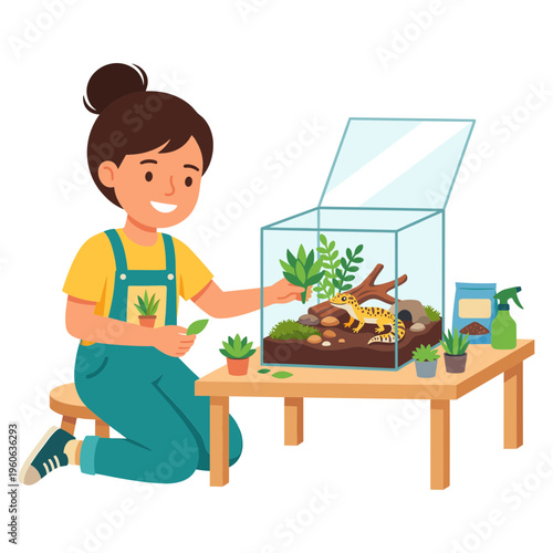 A girl sitting on the floor carefully plants a small green plant into a terrarium on a wooden table.