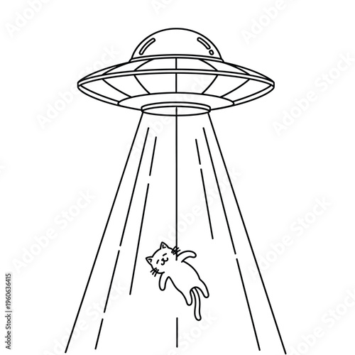 A cartoon cat is being abducted by a flying saucer UFO with a beam of light.