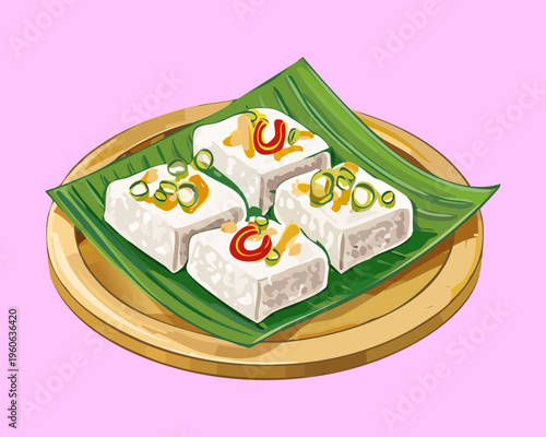 Authentic rice dumplings wrapped in banana leaf served with side dishes for traditional holiday festive meal - Vector Illustration