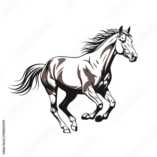 A powerful horse gallops forward, its mane and tail flowing dynamically