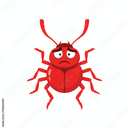 A sad, cartoon-like red beetle with a downturned mouth and wide, worried eyes