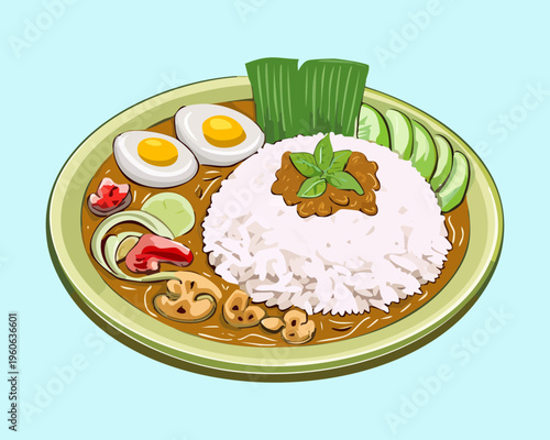 Savory porridge served with egg and fried side dishes for traditional asian morning breakfast comfort meal - Vector Illustration