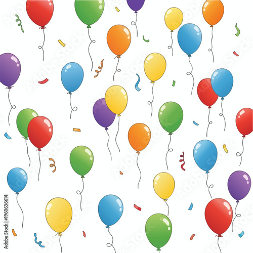 A festive display of colorful balloons and confetti floats across a white background