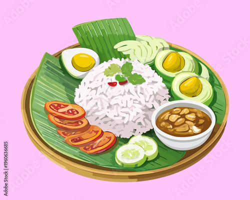 Traditional steamed rice with fried egg and spicy side dishes for authentic asian breakfast meal setup - Vector Illustration