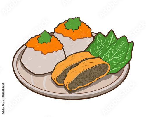 Authentic asian meat buns served with rice and dipping sauce for traditional savory snack lunch meal - Vector Illustration