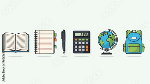 School supplies and education tools illustration including book notebook pen calculator globe and backpack for learning and teaching