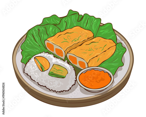Savory fish and rice set with spicy condiments for traditional asian seafood culinary dinner meal experience - Vector Illustration
