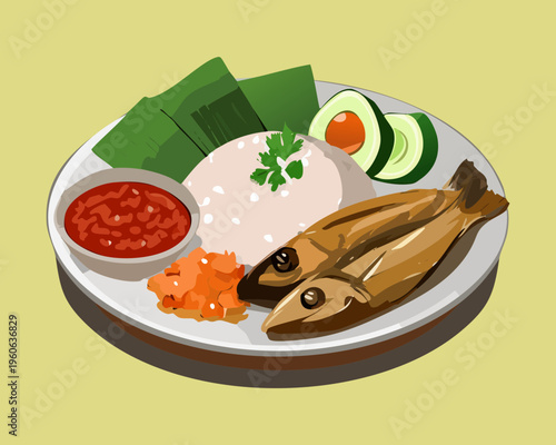 Authentic seafood dish with grilled fish and rice served for traditional asian healthy lunch meal setup - Vector Illustration