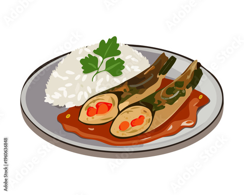 Traditional fish and rice dish with spicy condiments for authentic asian seafood morning breakfast meal setup - Vector Illustration