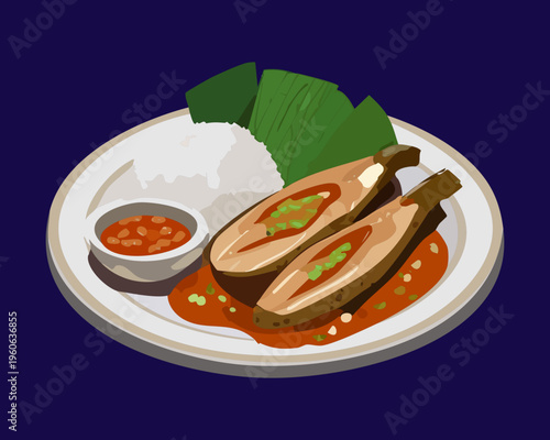 Authentic seafood platter with grilled fish and vegetables for traditional asian lunch festive ceremony meal setup - Vector Illustration