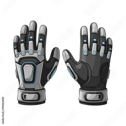 Two high-tech gloves, one gray, one black, with blue accents