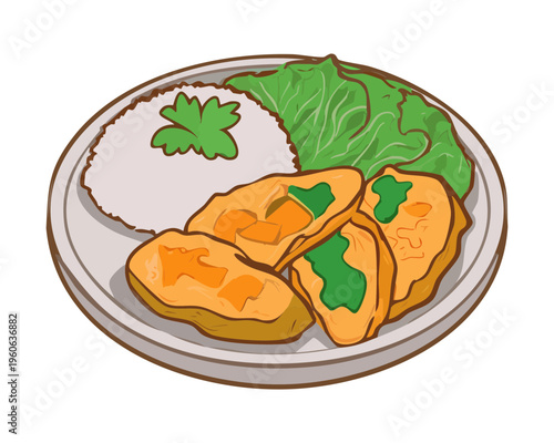 Authentic asian rice dish with fried omelet and spicy condiments served on round wooden tray plate - Vector Illustration