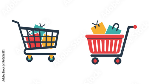 Two shopping carts filled with colorful bags on white background for e commerce and retail concepts