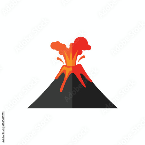 A simplified illustration of a dark, cone-shaped volcano erupting with bright orange and red lava and smoke