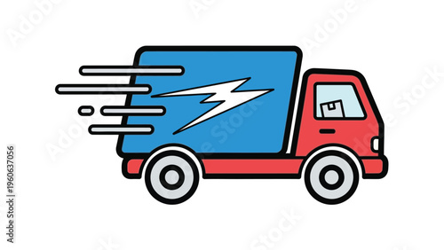 Fast delivery truck with lightning bolt speeding on white background
