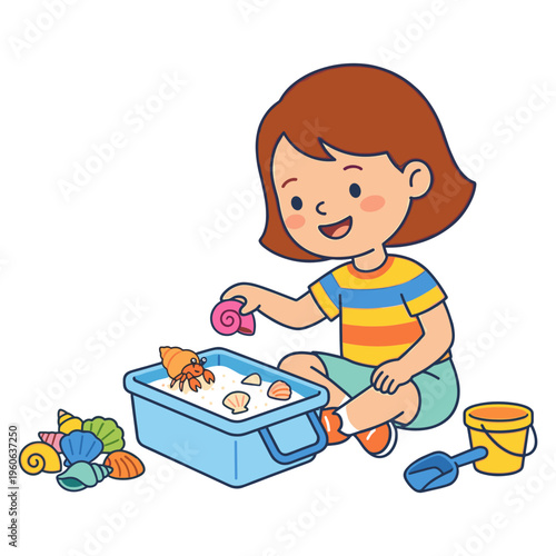 A little girl playing with colorful beach toys and seashells in a sandbox.