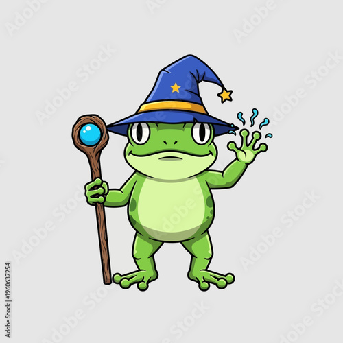 Cute Wizard Frog Character Holding Magic Staff, Casting Spell