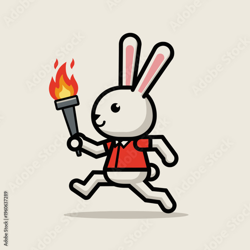 Cartoon Rabbit Running with Torch, Olympic Flame Symbol, Sports, Victory, Competition