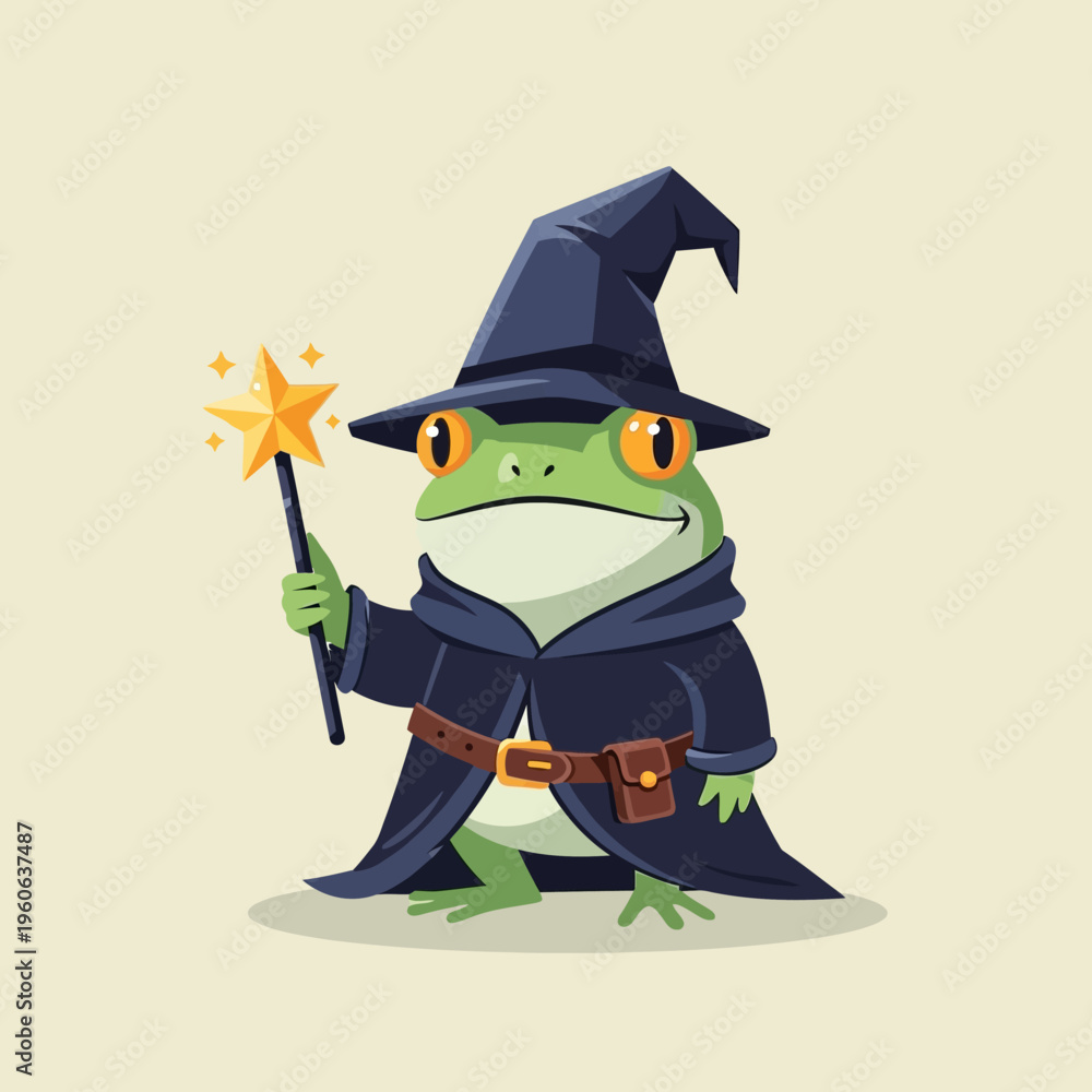 Obraz premium Cute Wizard Frog Holding Magic Wand with Star, Fantasy Character, Cartoon Style