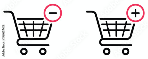Shopping cart icon with badges, e-commerce cart notification symbols, online store basket with discount and alert tags, sale promotion indicator icons, retail checkout cart UI elements, vector isolate