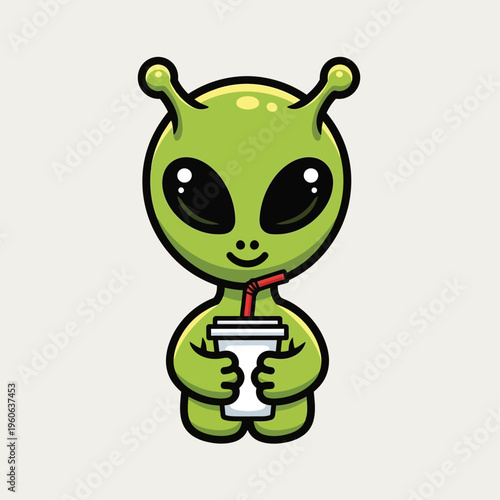 Cute Green Alien Holding a Drink with a Straw, Cartoon Style