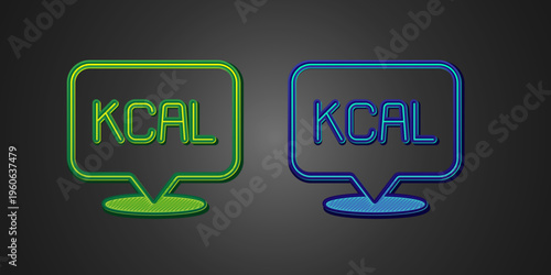 Green and blue Kcal icon isolated on isolated on black background. Health food. Vector