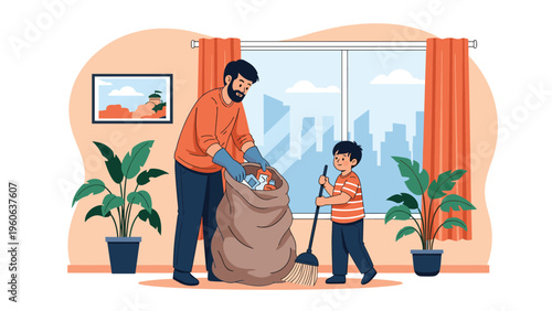Father and son engage in household cleaning chores together, sweeping the floor and filling a large trash bag in the living room.