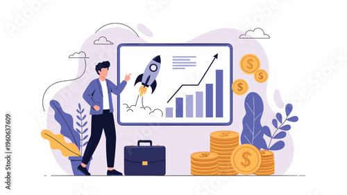 Startup team leader presenting a successful business growth strategy with a rocket launch and financial charts on a whiteboard.