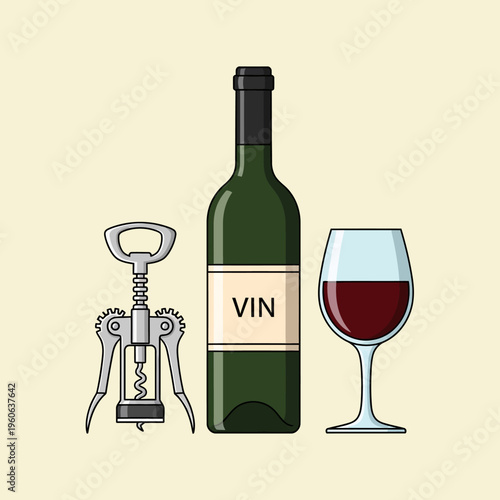 Wine bottle, corkscrew, and glass of red wine on a light background