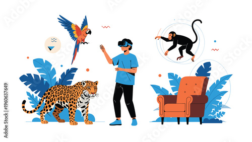 Young man exploring an immersive virtual reality experience with wild animals like a tiger and parrot using a modern VR headset.