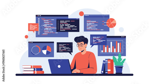 Software developer focusing on complex programming tasks and data visualization while working at his desk in a high-tech environment.
