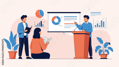 Business leader conducting a professional presentation for his team to discuss strategic growth, market trends, and financial performance.