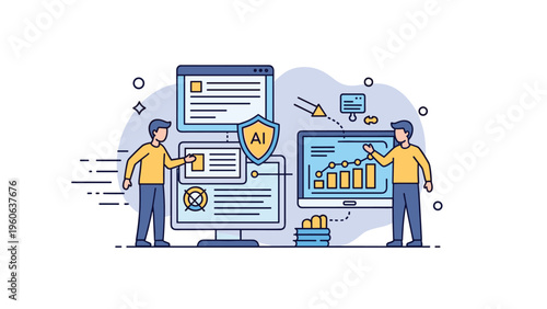 Security analysts reviewing artificial intelligence data and system metrics to ensure robust cyber protection and operational efficiency.