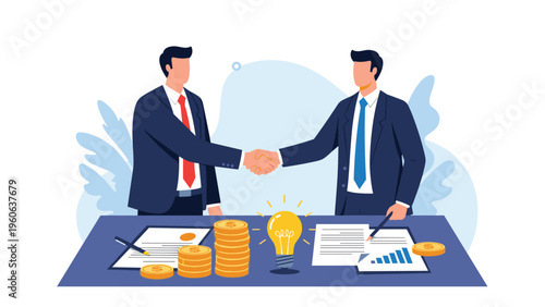 Successful business partners shaking hands to finalize a deal involving innovation, financial investment, and mutual agreement.
