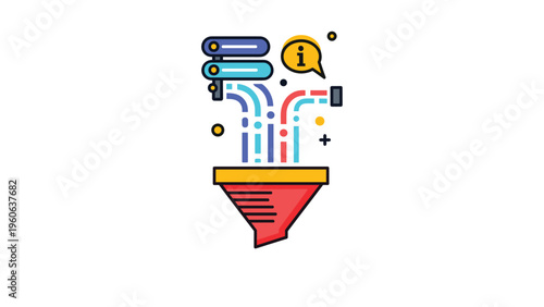 Conceptual illustration of a data processing funnel where information from various sources is filtered and organized for analysis.