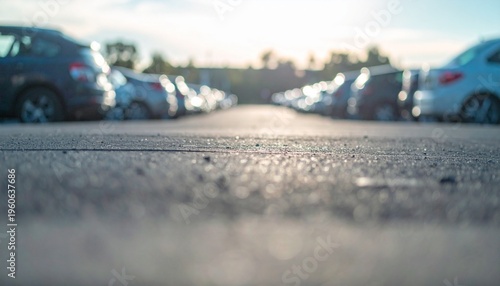 A low-angle, close-up view of an asphalt parking lot with blurred cars parked on either side under a bright sky.