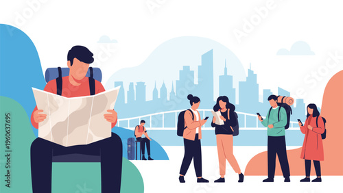 Diverse group of young travelers and backpackers exploring an urban city while using maps and smartphones for navigation.