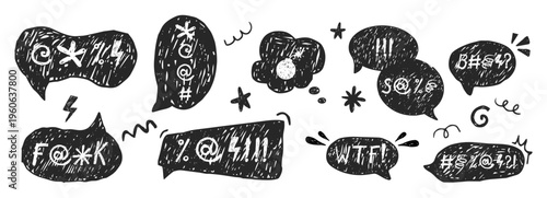 Crayon speech bubble with swear words doodle, hand drawn comic. Grunge speech bubbles with the curses, insults, vulgar rage, swear word symbols
