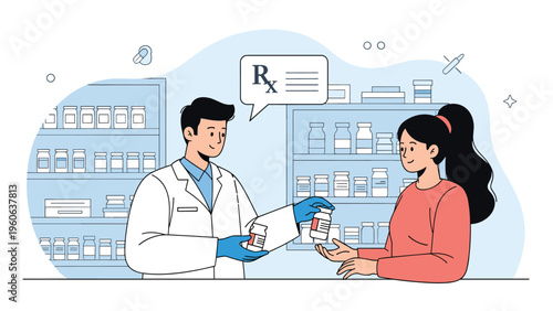 Professional pharmacist providing medication and health advice to a customer at a well-stocked pharmacy counter.