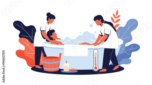 Wellness spa therapists providing a relaxing therapeutic bath and massage treatment for a client in a serene environment.