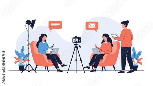 Media production team recording an interview or a video blog featuring two speakers in a comfortable studio environment.