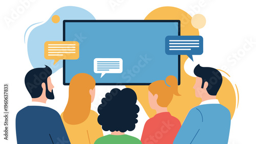 Diverse audience of people watching a presentation or an empty screen while waiting for information or a media broadcast.