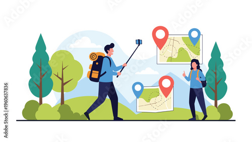 Enthusiastic hikers navigating through nature while using digital maps, location pins, and taking photos to document their adventure.