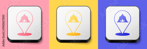Isometric Circus tent icon isolated on pink, yellow and blue background. Carnival camping tent. Amusement park. Square button. Vector